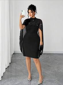 SHEIN Clasi Eleganter Damen Große Größen Schal mit 3D Blumen und Glitzer, einfarbiges knielanges Kleid, geeignet für Party und Veranstaltungen - Schwarz - Übersicht 2