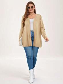 SHEIN LUNE Jaket Kasual Longgar Wanita Ukuran Besar Warna Polos Lengan Panjang Bukaan Depan/Musim Dingin - Khaki - View 6