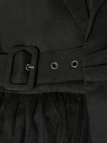 DreamSkyne Plus Size Women's Collared Short Sleeve Adjustable Waist Belt Mesh Patchwork Thin Jacket, Suit Dress