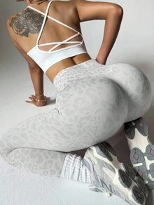 Easithlete Seamless Full-Print High Waist Elastic Grey Sports Leggings Yoga Women Pants - Grey - View 2