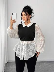Elenzga 大码女式雪纺镂空经典黑白撞色二合一法式复古泡泡袖衬衫 - 彩色 - 查看 5