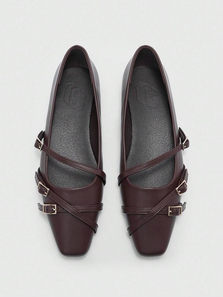 CUCCOO BIZCHIC Women's Square Toe Flat Coffee Color Criss-Cross Buckle Slip-On Casual Comfortable Mary Jane Flats, Suitable For Dresses For Christmas Spring Shoes