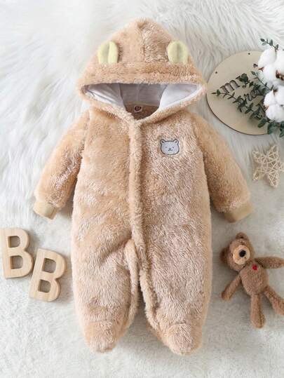 SHEIN Infant Minimalist Pattern Hooded Cute Long Sleeve Pajamas