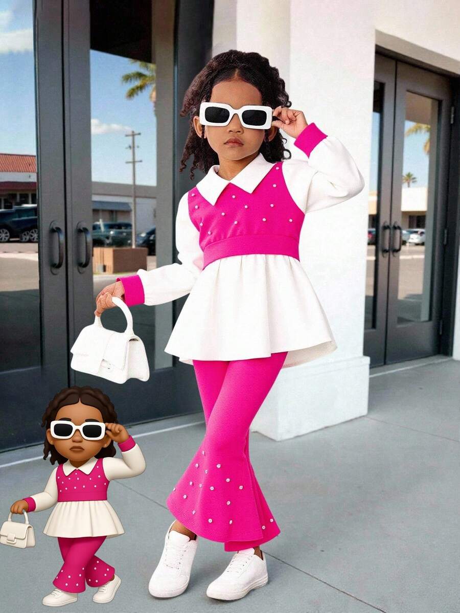 Young Girls 2 Pieces Set, Pearl Decor Fitted Long Sleeve Shirt & Slim Flared Pants, Spring/Autumn Fall Winter