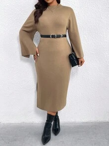 SHEIN Clasi 加大码纯色合身开衩下摆优雅长袖毛衣裙 - 駝色 - 查看 4
