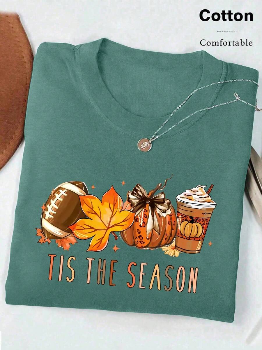 INAWLY Áo thun nữ cổ tròn tay ngắn in hình quả bí ngô và cà phê - Màu xanh Cadet - Xem 1