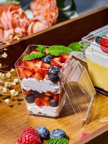SHEIN 100/50/40/30/20/10PCS Dessert Cups, Transparent Mini Plates, Covered And Uncovered Mousse Cups For Tiramisu Cakes, Suitable For Pudding, Mousse, Snacks, Party Supplies, Food Containers - Transparent - View 4
