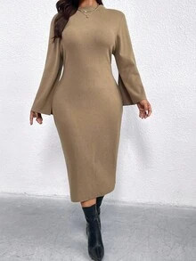 SHEIN Clasi 加大码纯色合身开衩下摆优雅长袖毛衣裙 - 駝色 - 查看 3