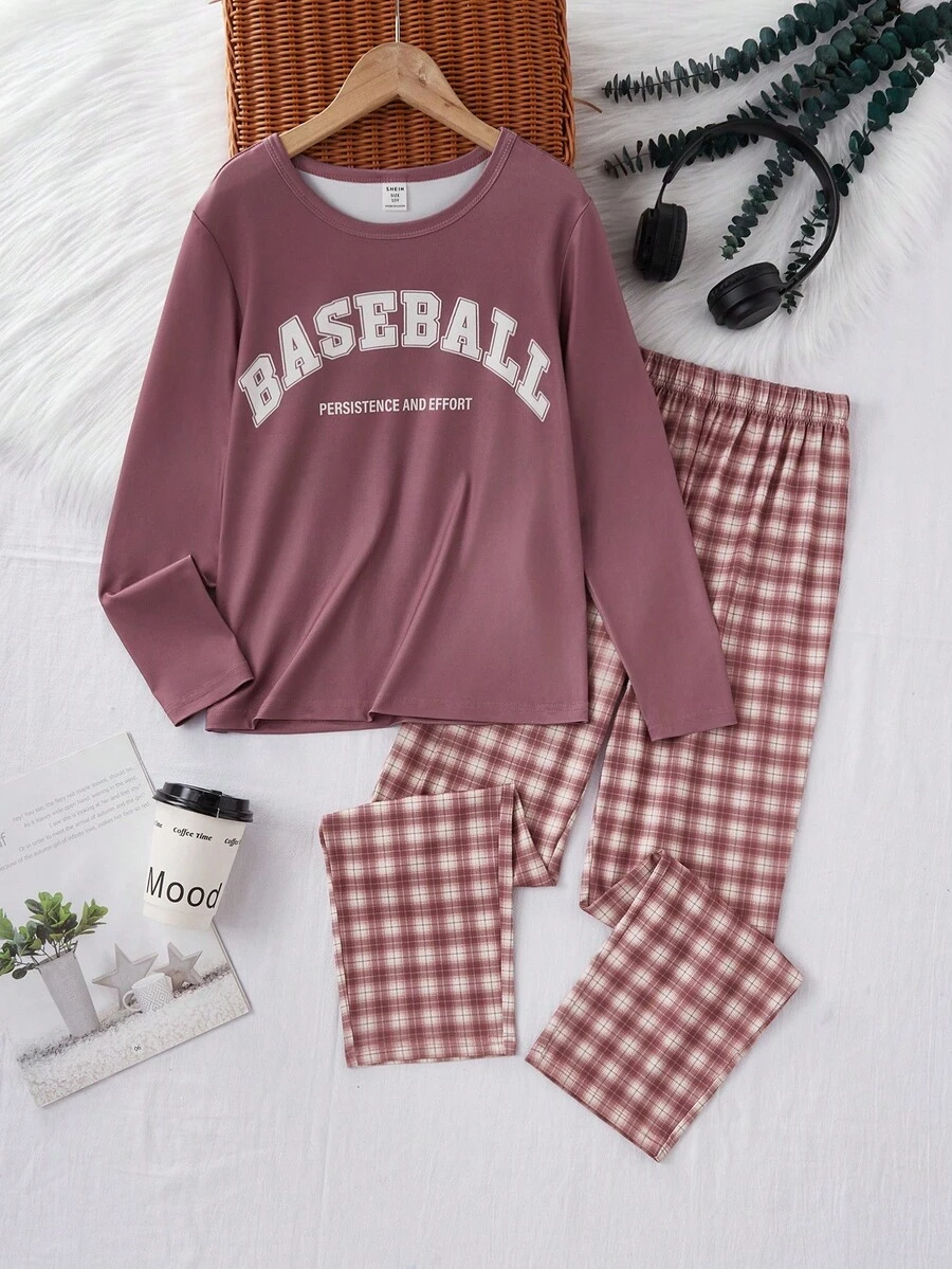 2pcs/Set Boys' Casual Loose Letter & Plaid Print Pajama Set, Comfortable Loungewear - Mocha Brown - View 1