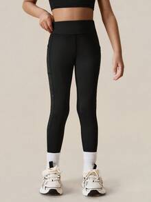 Sparklyn 2pcs Young Girls' Starry Sky Printed Leggings, High Stretch Yoga Pants With Pockets, Fashion Versatile Classic Tights For Outdoor Sports, Running, Cycling, Hiking, Black & Pink Fall Winter - Multicolor - View 4