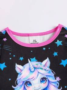 Mädchen Eng anliegendes Einhorn & Stern Leuchtdruck Langarm T-Shirt und Leggings Pyjama Set - Schwarz - Übersicht 4