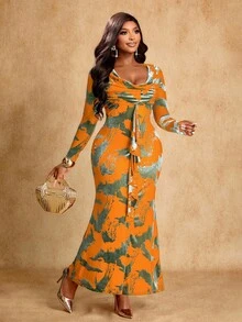 Brilight Vestido elegante de dama con material AB con cuello de empalme para otoño e invierno, con cintas en la parte delantera, y vestido de fiesta de terciopelo con planchado suave. - Amarillo - Ver 6