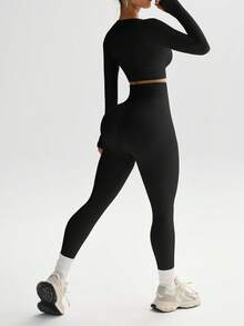 Easithlete Áo thun thể thao hở ngón tay cái và áo thun thể thao hở ngón và quần bó tập luyện cho nữ Bộ đồ tập luyện cho nữ Bộ quần bó cho nữ - màu đen - Xem 6