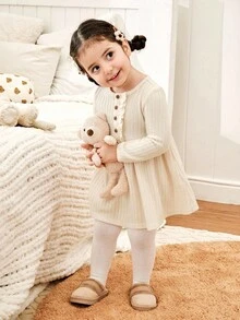 Cozy Pixies Robe longue pour bébé fille, en tricot unicolore, col rond doux, volants à l'ourlet, manches longues, taille marquée