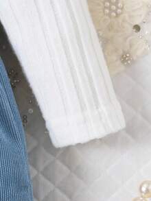 3 件套女婴甜美风格白蓝圆领长袖上衣、围兜裤、配套帽子套装，适合外出、休闲装、儿童派对 - 藍色 - 查看 3