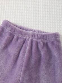 SHEIN 2pcs Baby Girls' Cute Pink Bow Embroidered Fluffy White Long Sleeve Top And Pink Plaid Pants Thickened Autumn/Winter Pajama Set - Purple - View 4