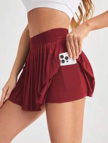 CourtClass 夏季休闲纯色百褶运动裙短裤 - 酒紅色 - 查看 2