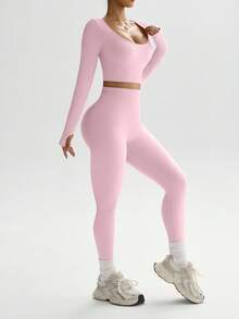 Easithlete 无缝高弹力拇指孔运动 T 恤和拇指孔运动 T 恤和紧身裤健身套装女士健身套装 - 粉色 - 查看 8