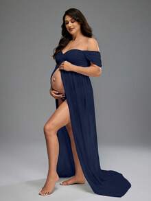 SHEIN Robe de maternité fendue haute aux épaules dénudées de couleur unie