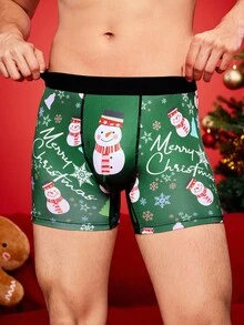 Notgurli Cuecas boxer de comprimento médio para homens com estampa engraçada de Papai Noel, caixa de presente, bengala de doce, sinos, flocos de neve, boneco de neve e família em festa de Natal - Verde - Visão 3