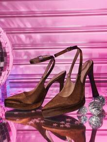 Cuccoo CUCCOO LuxiPop Zapatos de tacón alto con plataforma y punta afilada, impermeables, de tela marrón, zapatos de fiesta/boda minimalistas y cómodos con correa