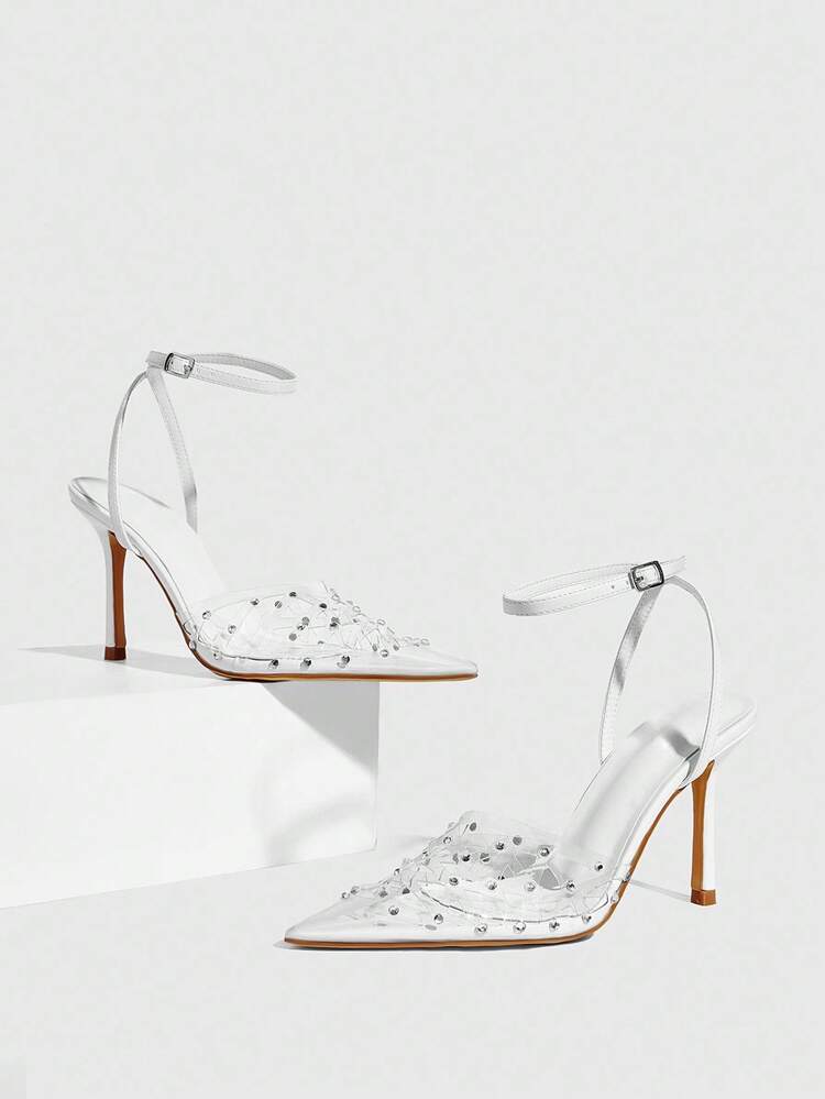 CUCCOO SZL White PU Transparent TPU Rhinestone Decor Fashionable Sexy Strap Pointed Toe Elegant High Heel Party Shoes