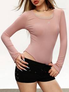 Rina Fox Body de encaje casual para mujer, otoño - Rosa - Ver 6
