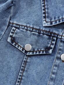 Genkimix Kids Denimly Tween Girls Vintage Casual Urban Preppy Cute Sweet 3/4 Sleeve Dress With Front Center Hand-Sewn White Bow Fall Winter