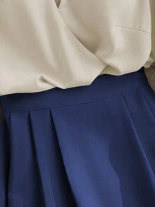 Franclia 2pcs Women Elegant Shiny Fabric Top And Pleated Midi Skirt Set, Suitable For Layering Or Standalone, Autumn/Winter - Multicolor - View 3