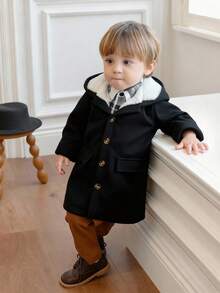 Souflis Souflis 男婴简约连帽保暖风衣，秋冬男婴服装黑色幼儿套装男婴外套幼儿外套男婴韩版夹克 - 黑色 - 查看 3