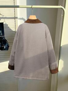 SHEIN Girls' Plush Lapel Long Sleeve Thick Jacket, Suitable For Casual Everyday Outings, Versatile - Coffee Brown - View 2