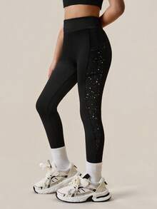 Sparklyn 2pcs Young Girls' Starry Sky Printed Leggings, High Stretch Yoga Pants With Pockets, Fashion Versatile Classic Tights For Outdoor Sports, Running, Cycling, Hiking, Black & Pink Fall Winter - Multicolor - View 5