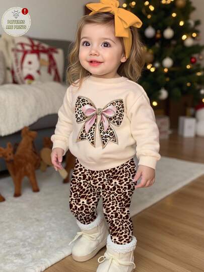 SHEIN Babyflicka Casual Vintage Leopardmönster Rosettdesign Tjock Rund Halsad Långärmad Tröja Och Leggings Set, Khaki, Lämplig För Höst/Vinter