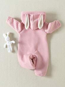 1件女婴粉色3D兔耳设计可爱毛绒睡衣，适合秋冬季穿着 - 淺粉色 - 查看 2