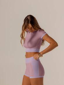 Aralina 休闲运动服套装，撞色可爱夏季上衣和自行车短裤组合，非常适合夏季度假装或机场装 - 藕粉色 - 查看 10