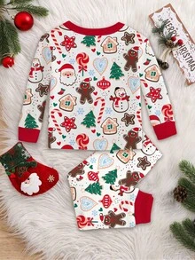 SHEIN 女婴圣诞节可爱卡通圣诞老人、姜饼人、雪人、圣诞树、铃铛、拐杖糖、雪花图案、圣诞红、休闲简约舒适厚实贴身长袖上衣和裤子家居服，适合秋冬季 - 彩色 - 查看 4