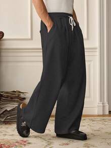 SWAVVY Men Solid Color Drawstring Waist Casual Loose Fit Wide Leg Pants, Fall
