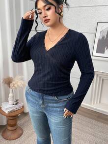 Modelyn Áo thun ôm dáng cổ chữ V đơn giản, màu trơn, họa tiết ren, thoải mái khi đi làm hàng ngày, cỡ lớn dành cho nữ, mùa xuân/thu - Màu xanh hải quân - Xem 5