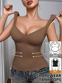 SHEIN 1 件女士无缝塑身衣上衣，腰腹部塑形，简约吊带背心可外穿，塑身 - 咖啡棕 - 查看 3