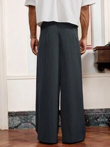 SWAVVY 男士休闲通勤条纹阔腿裤 - 深灰色 - 查看 5