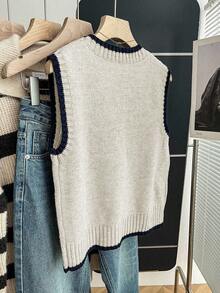 Franclia Casual Loose Crew Neck Sleeveless Knit Contrast Trim Khaki Sweater Top For Women, Spring/Autumn - Apricot - View 2