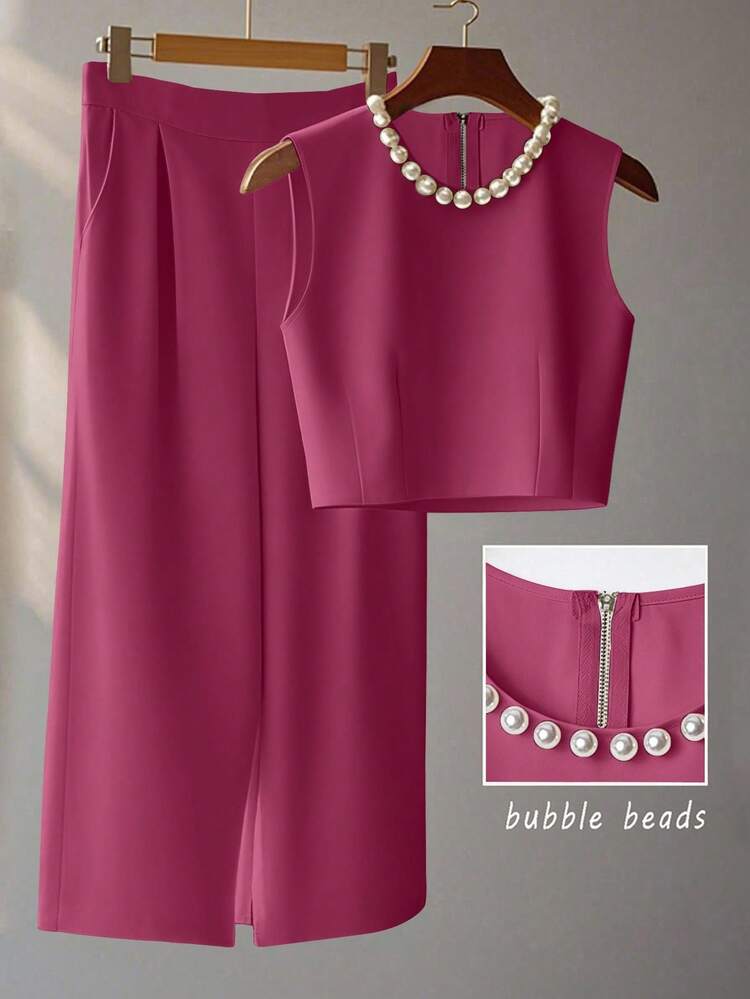 Franclia French High-Level Chic Three-Dimensional Beaded Sleeveless Tops Layered Wide-Leg Pants Trousers Summer Two Pieces Suits Ladies Summer Clothing Summer Two Pieces Suits Summer - Hot Pink - View 1