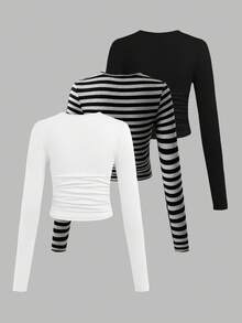 SHEIN Girlism 3件套少女修身休闲纯色圆领褶皱长袖T恤，冬季长袍套头衫，秋季上衣，适合节日、万圣节、圣诞节、新年等场合，是圣诞礼物的理想之选。非常适合秋冬季日常休闲穿着和上学穿着。舒适的秋冬款式，轻松舒适，适合秋冬季日常穿着、街头风格和居家穿着。3件装紧身上衣。 - 彩色 - 查看 2