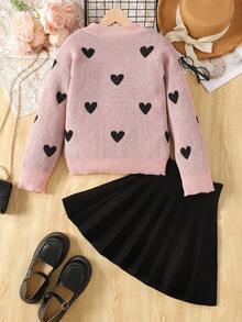 SHEIN Bộ 2 món áo len cổ tròn trễ vai họa tiết trái tim và chân váy xếp ly màu đen trơn cho bé gái tuổi mới lớn, mặc hàng ngày, trở lại trường, những dịp thường ngày, ấm áp cho mùa thu đông, mặc hàng ngày - Bụi hồng - Xem 2