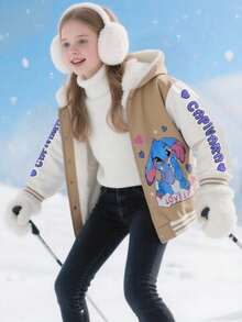 SHEIN Áo khoác hoodie lót nỉ giữ nhiệt in chữ và hoạt hình tay dài cho bé gái tuổi mới lớn, mùa thu/đông - Màu Khaki - Xem 3