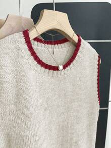 Franclia 女式休闲宽松圆领无袖针织撞色边卡其色毛衣上衣，春秋季 - 米色 - 查看 3