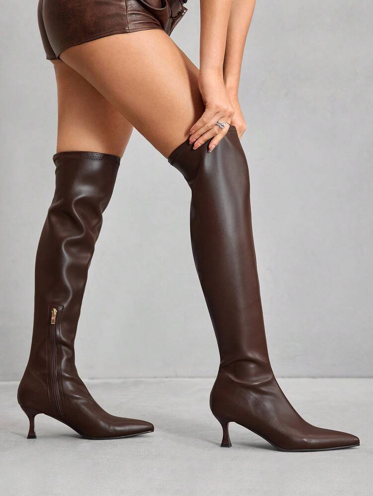 CUCCOO SZL Women's Autumn/Winter New White Fashion Super High Over-The-Knee Boots, Versatile Pointed Toe Kitten Heel Elegant Minimalist Elastic Thigh High Boots For Christmas