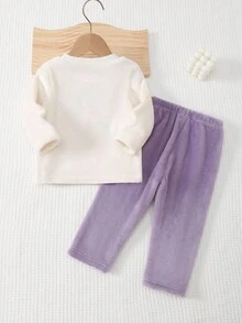 SHEIN 2pcs Baby Girls' Cute Pink Bow Embroidered Fluffy White Long Sleeve Top And Pink Plaid Pants Thickened Autumn/Winter Pajama Set - Purple - View 2