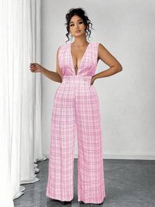Elenzga Women's V-Neck Button Sleeveless Plaid Black Waist Jumpsuit, Business Casual, Spring/Summer