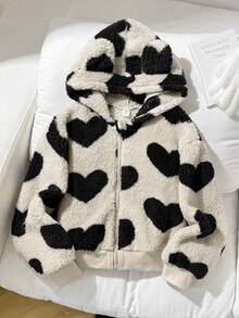 SHEIN 青少年女孩服装，豹纹毛绒连帽夹克，厚实舒适，开学典礼，日常穿着，学校，旅行，运动，冬季，圣诞节